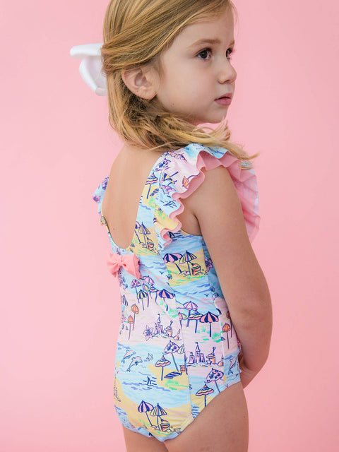 Girls Waterfall One Piece Swimsuit - Beach Day
