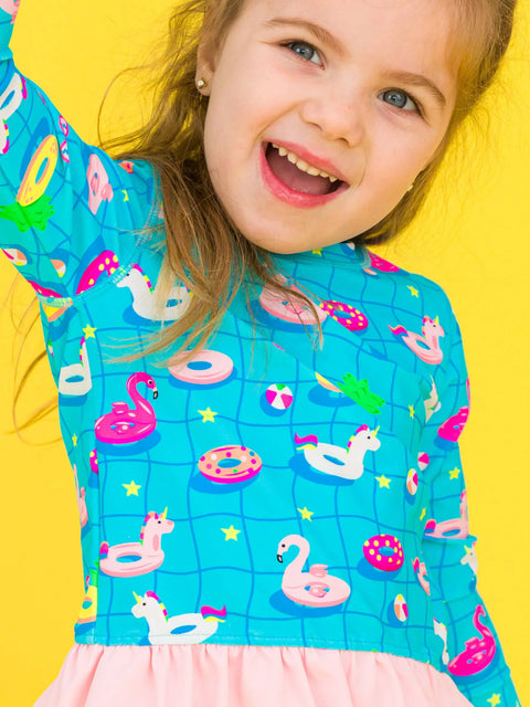 Long Sleeve Rash Guard 2-Piece Swimsuit - Neon Pool Party