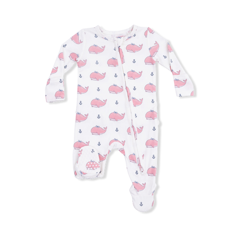 2 Way Ruffle Back Zipper Footie - Pink Bubbly Whales