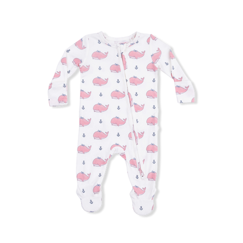 2 Way Ruffle Back Zipper Footie - Pink Bubbly Whales