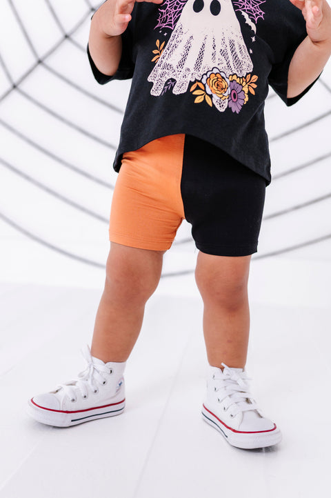 Orange & Black Colorblock Bamboo Biker Shorts for Kids