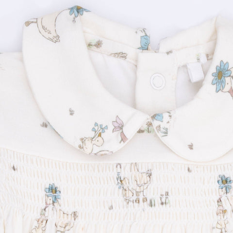 Smocked Peter Pan Snap Footie - Flower Ducklings