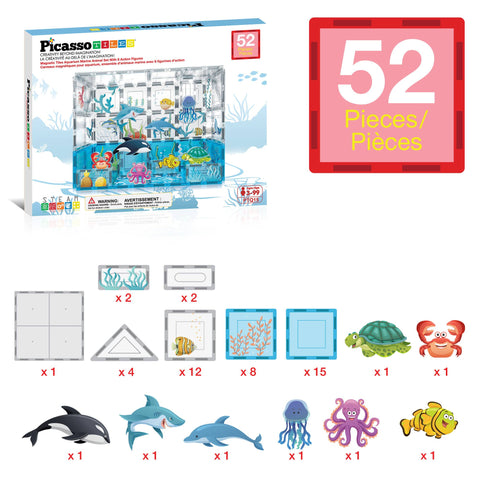 PicassoTiles Ocean Theme Magnetic Tile Building Set (52 Pieces)