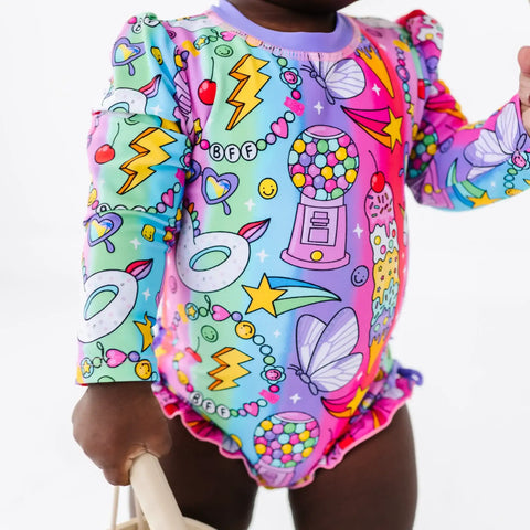Cosmic Candyland Long Sleeve Ruffle Swimsuit