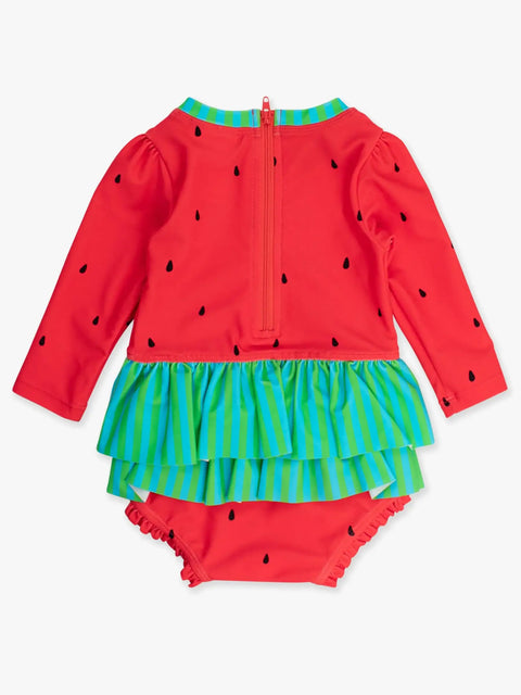 Long Sleeve Skirted One Piece Rash Guard Swimsuit - Watermelon