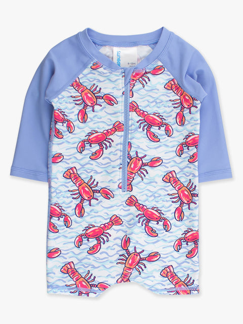 Baby Boys Long Sleeve One Piece Rash Guard Swimsuit - Blue Lobster Lagoon
