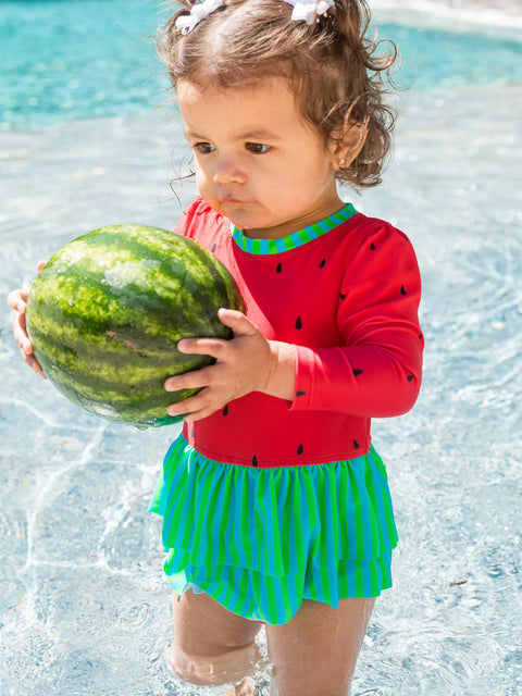 Long Sleeve Skirted One Piece Rash Guard Swimsuit - Watermelon