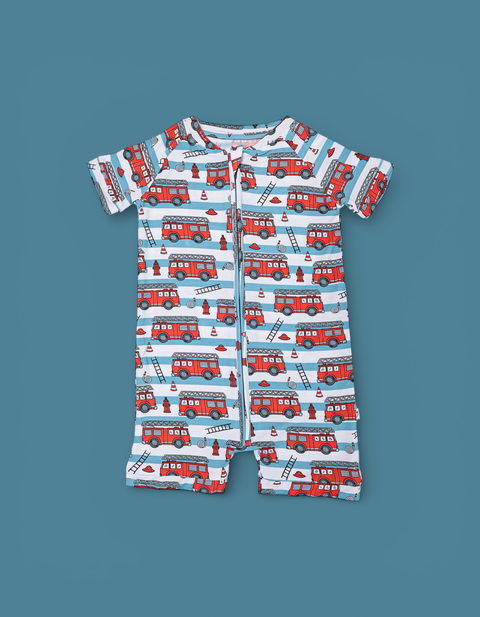 Baby Bamboo Shortie Romper - Firetruck Frenzy