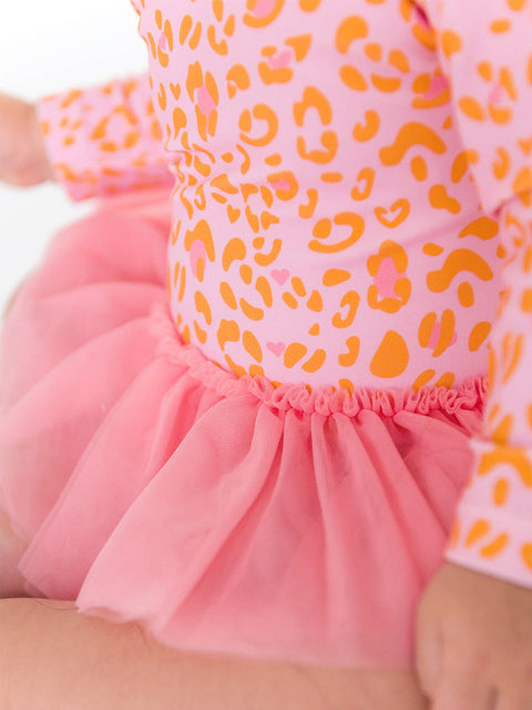 Baby Girls Long Sleeve Tulle Skirted One Piece Rash Guard Swimsuit - Pink Leopard