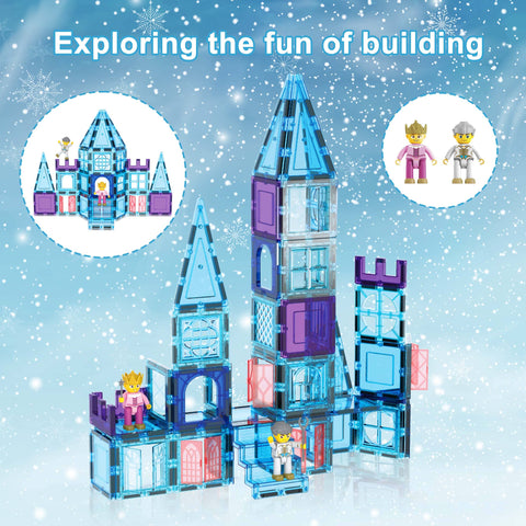 PicassoTiles Winter Ice Castle Magnetic Building Tile Set (72 Pieces)