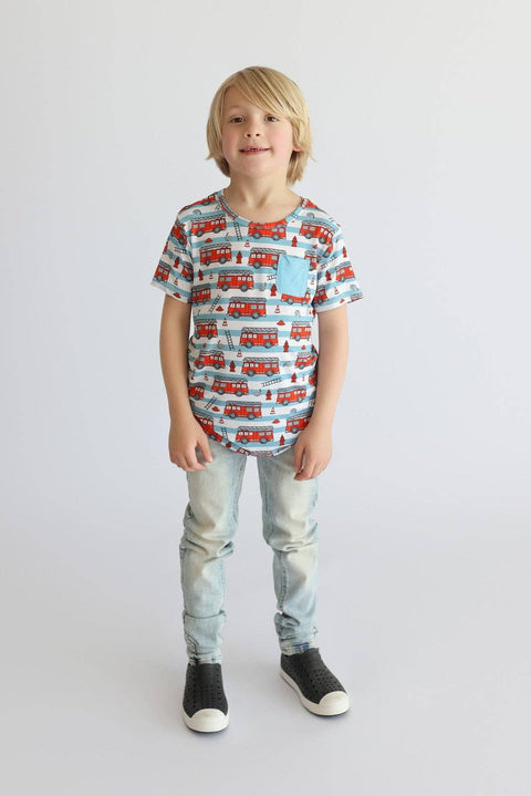 Kids Bamboo Pocket Tee - Firetruck Frenzy