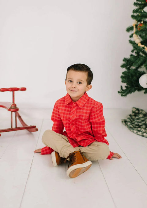 Boys Button Down Shirt - Red Picnic Plaid