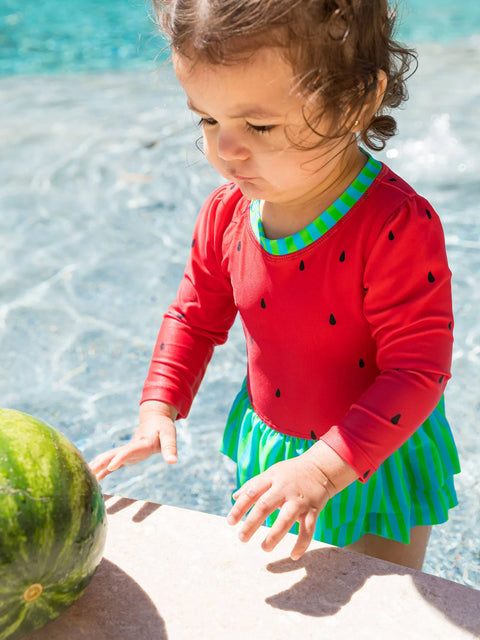 Long Sleeve Skirted One Piece Rash Guard Swimsuit - Watermelon