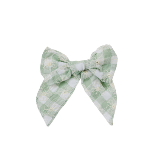 Medium Gingham Daisy Embroidered Linen Bow