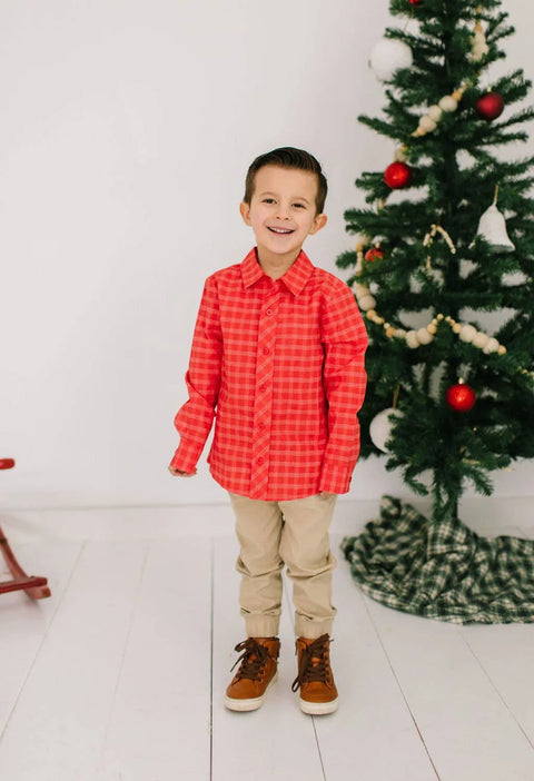 Boys Button Down Shirt - Red Picnic Plaid