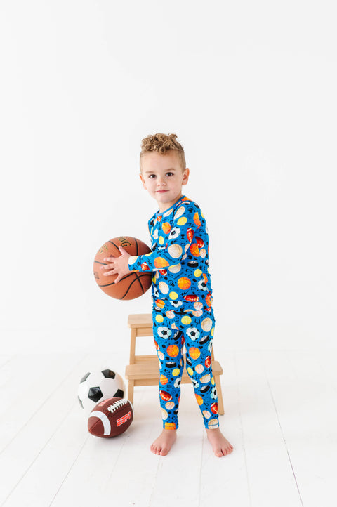 Blue Sports Bamboo Long Sleeve Pajama Set for Boys
