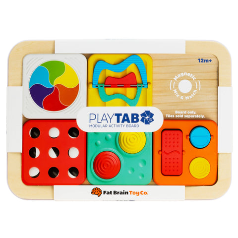 Fat Brain Toy Co. PLAYTAB Modular Activity Board toy set in a light natural wood case with colorful magnetic activity tiles, shown on a white background.