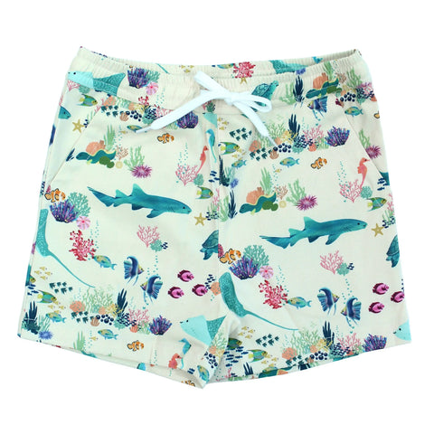 A pair of Emerson & Friends boys' swim trunks with a coral reef print, featuring a variety of ocean animals and plants.