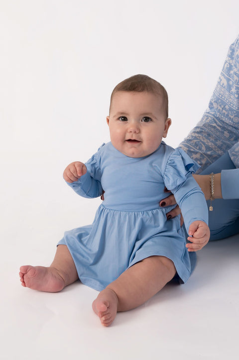 Long Sleeve Flutter Baby Bamboo Bodysuit Dress - Arctic