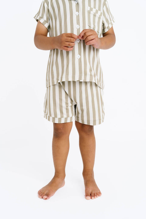 Olive Stripe Bamboo Button Up Short Set