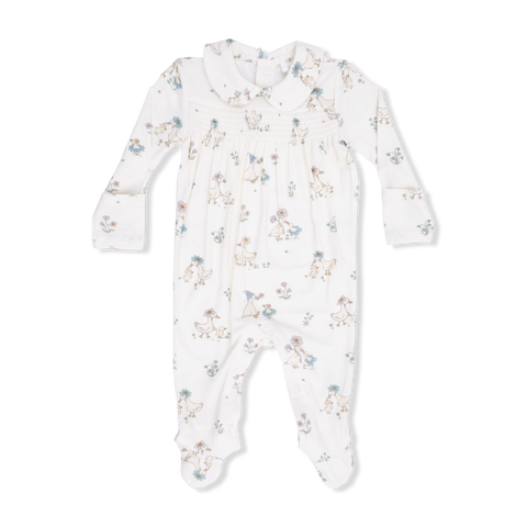 Smocked Peter Pan Snap Footie - Flower Ducklings