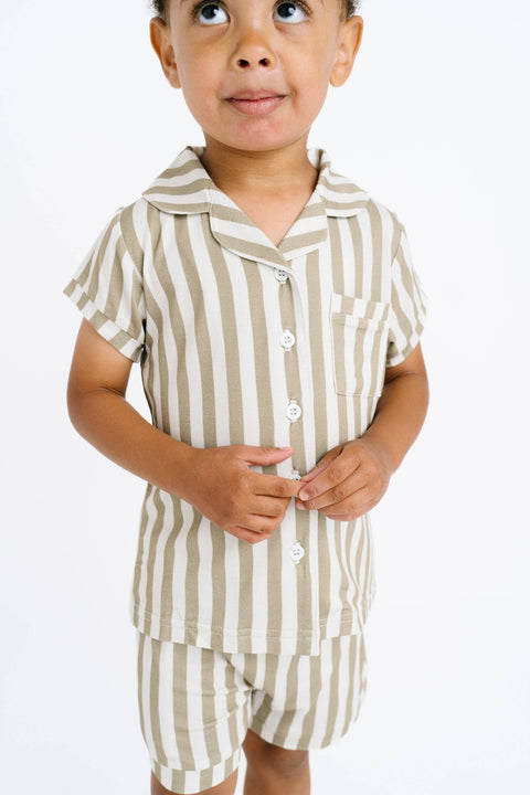 Olive Stripe Bamboo Button Up Short Set