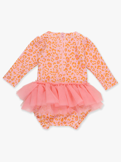 Baby Girls Long Sleeve Tulle Skirted One Piece Rash Guard Swimsuit - Pink Leopard