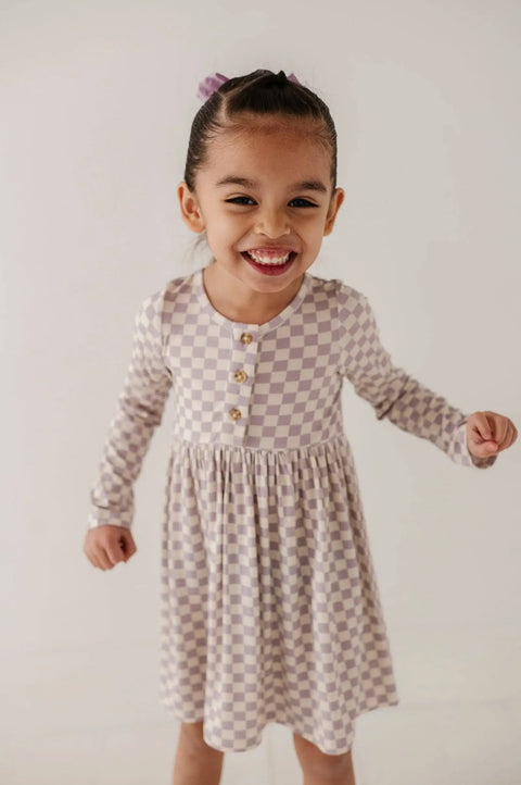 Long Sleeve Henley Dress - Lavender Checkered