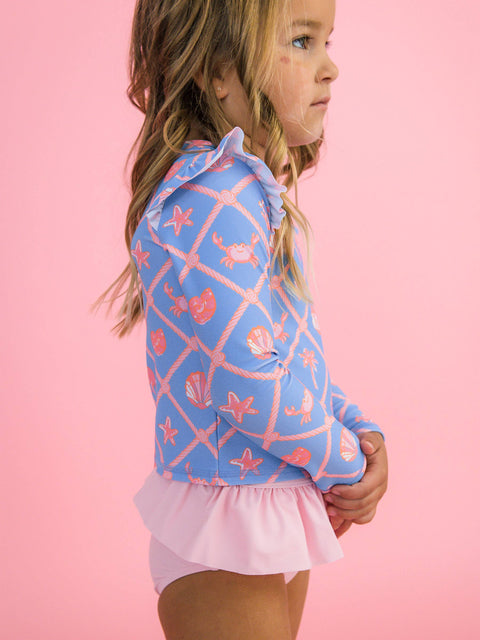 Girls Long Sleeve Flutter Skirted 2-Piece Swimsuit - Tropical Trellis