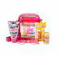 Collection of beach-themed items including a pink bag, sunscreen, sunglasses, more