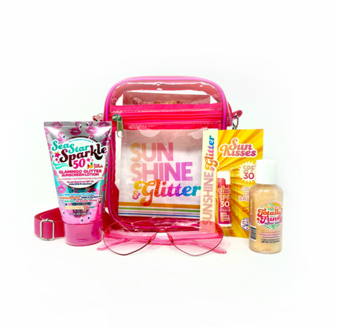 Collection of beach-themed items including a pink bag, sunscreen, sunglasses, more