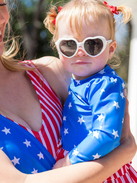 Long Sleeve Skirted One Piece Rash Guard Swimsuit - Shimmer Stars & Stripes