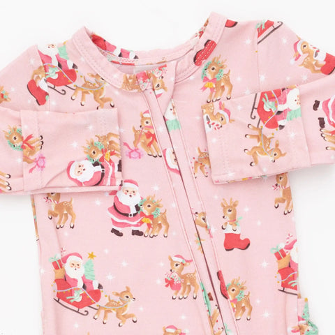 2 Way Ruffle Back Zipper Footie - Vintage Reindeer & Santa Pink