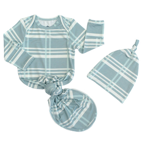 Blue Plaid Baby Bamboo Gown & Hat Gift Set