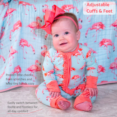 Bamboo Baby Convertible Ruffle Zipper Pajama Flamingo
