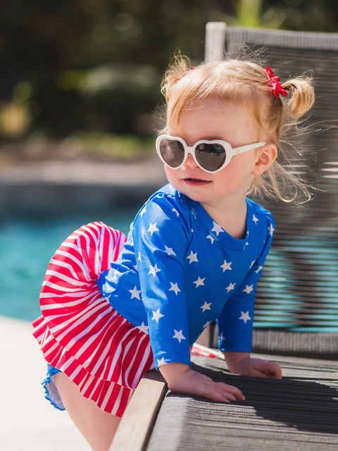 Long Sleeve Skirted One Piece Rash Guard Swimsuit - Shimmer Stars & Stripes