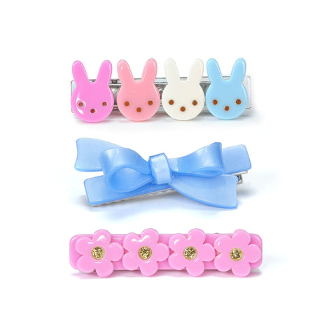 Bunnies Flowers Pink & Bow Hair Clips