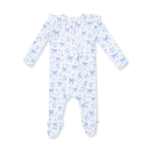 Ruffle Sleeve 2 Way Zipper Footie - Blue Bows and Flowers