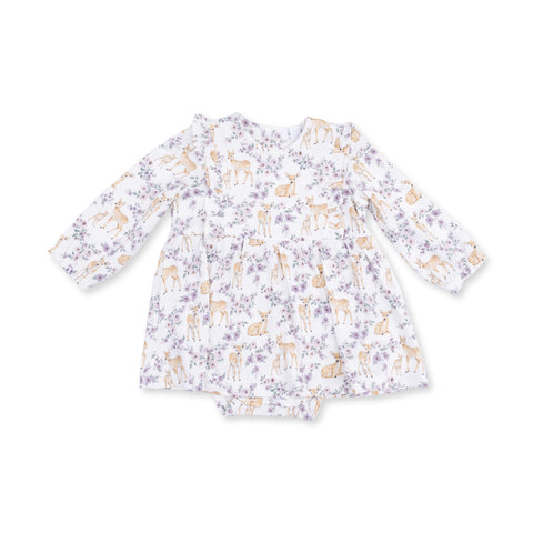 Long Sleeve Ruffle Bodysuit Dress - Floral Deer