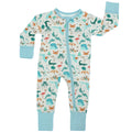Baby bamboo pajama with long sleeves, footless design, and a pattern featuring various animals and flora related to Florida.