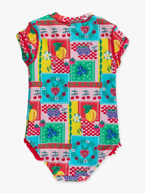 Girls Short Sleeve Half Zip One Piece Swimsuit - Picnic Party Patchwork