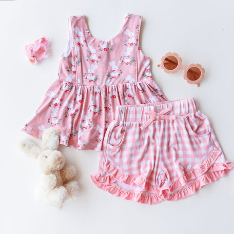 Bamboo Sleeveless Piping Top & Shorts Set - Pink Bunny
