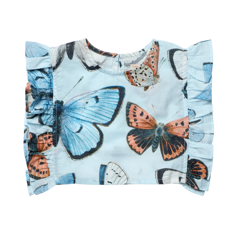 Girls Ingrid Top - Blue Vintage Butterflies