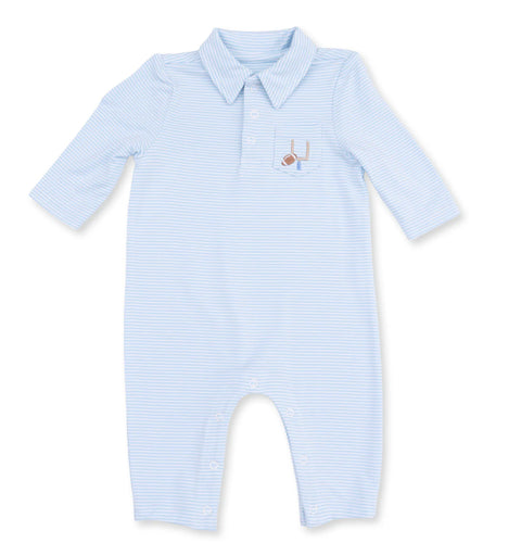 Polo Romper - Blue Micro Stripe Football