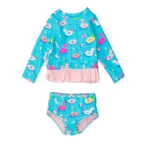Long Sleeve Rash Guard 2-Piece Swimsuit - Neon Pool Party