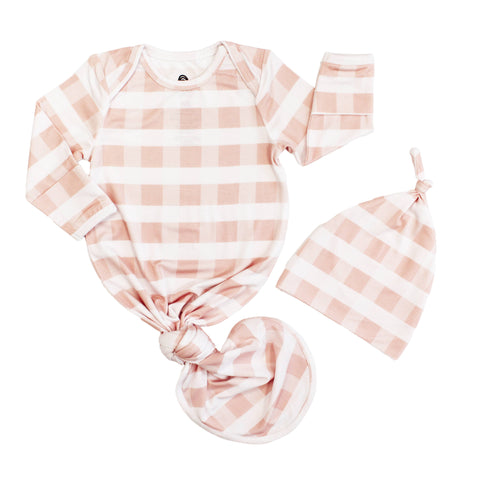 Pink Gingham Baby Bamboo Gown & Hat Gift Set