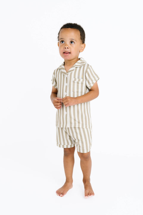 Olive Stripe Bamboo Button Up Short Set