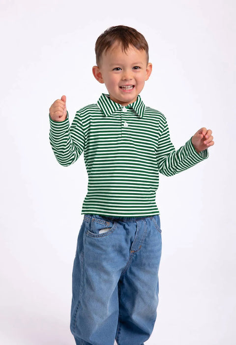 Green Stripe Bamboo Long Sleeve Polo Shirt