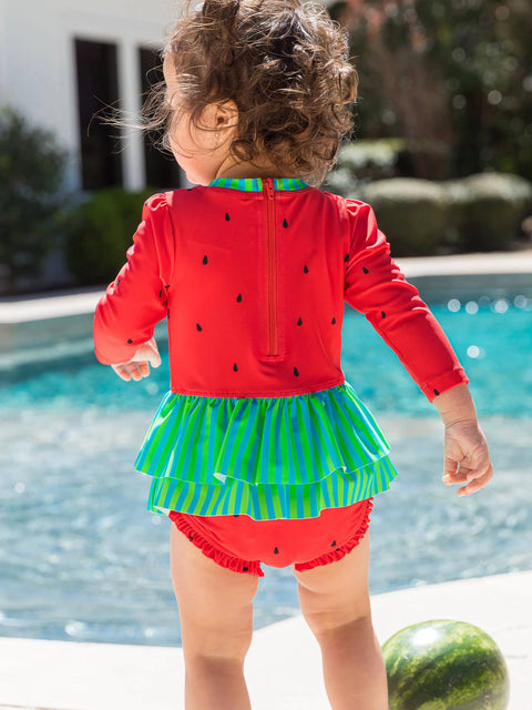 Long Sleeve Skirted One Piece Rash Guard Swimsuit - Watermelon