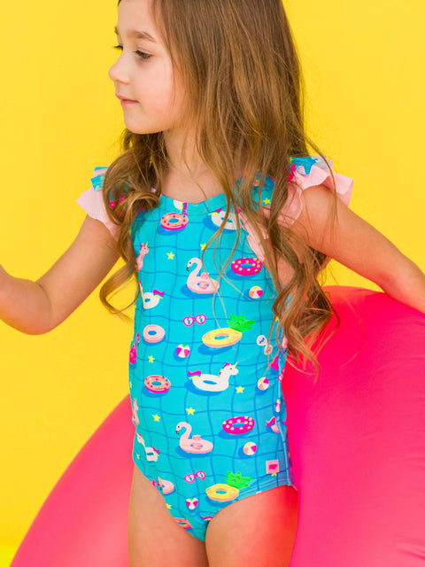 Bow V-Back One Piece Swimsuit - Neon Pool Party